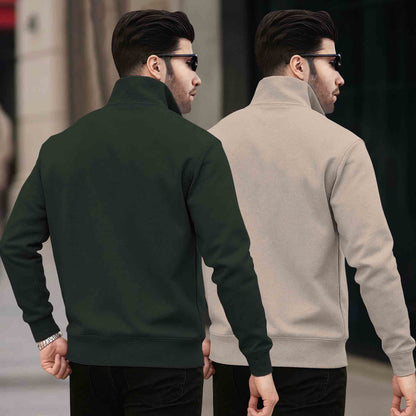 (Pack of 2) Mens Plain High Neck Sweatshirts Olive & Beige