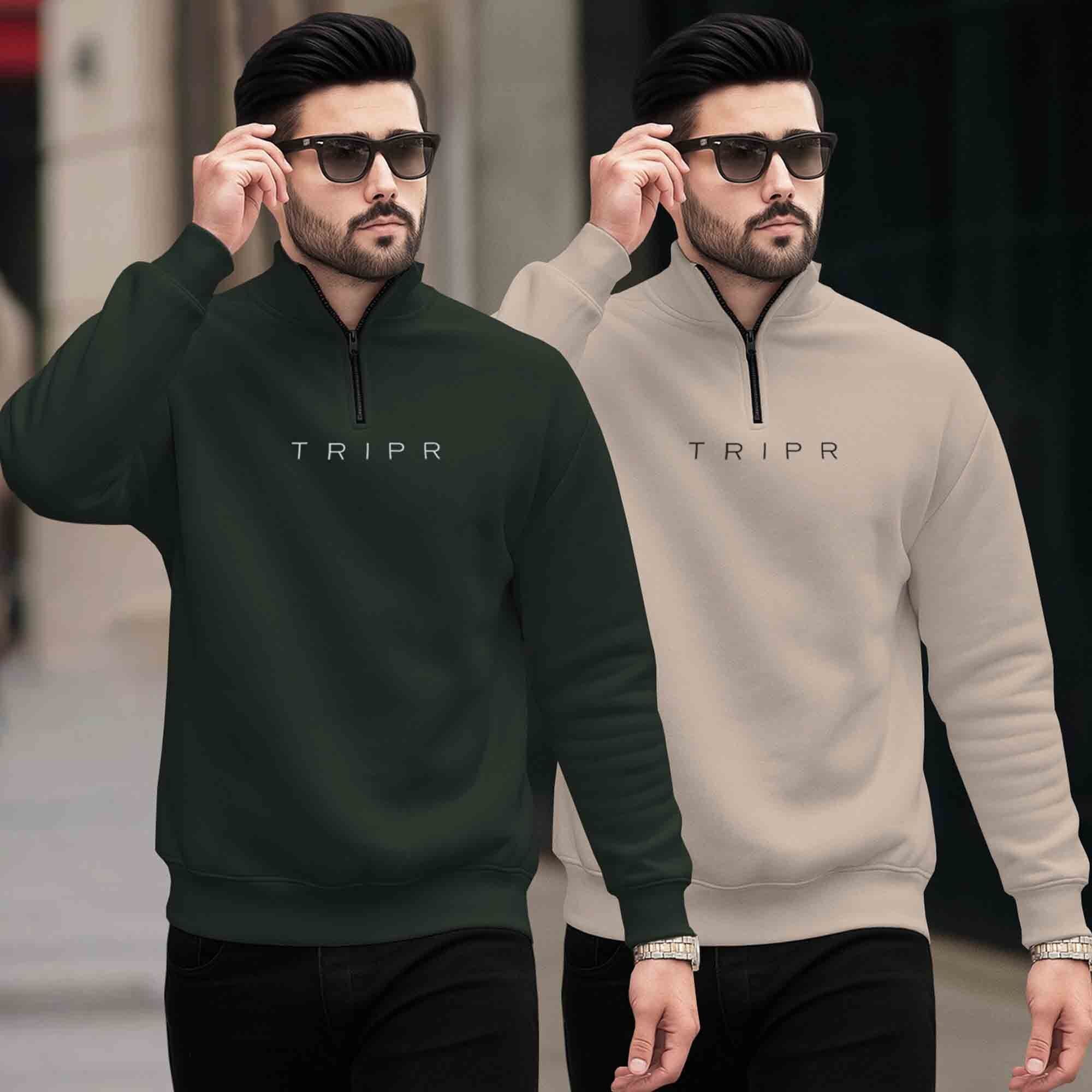 (Pack of 2) Mens Plain High Neck Sweatshirts Olive & Beige