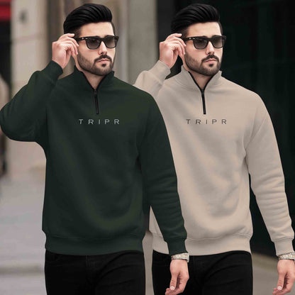 (Pack of 2) Mens Plain High Neck Sweatshirts Olive & Beige
