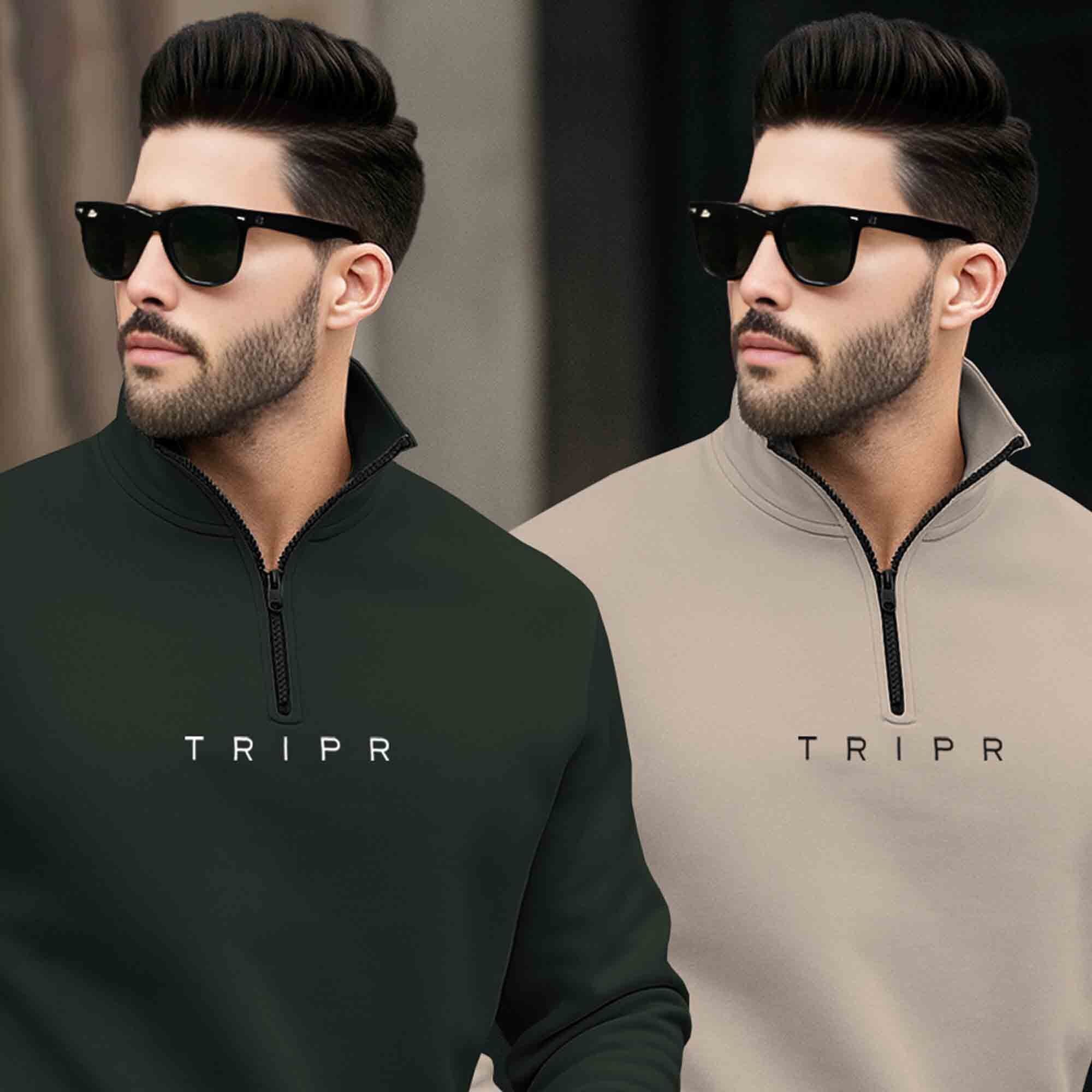 (Pack of 2) Mens Plain High Neck Sweatshirts Olive & Beige