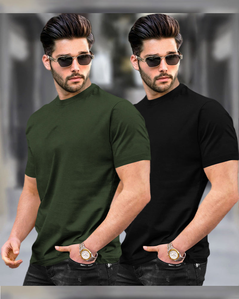 Mens Half Sleeve Plain Round Neck T-shirts (Pack Of 2) / Olivegreen & Black