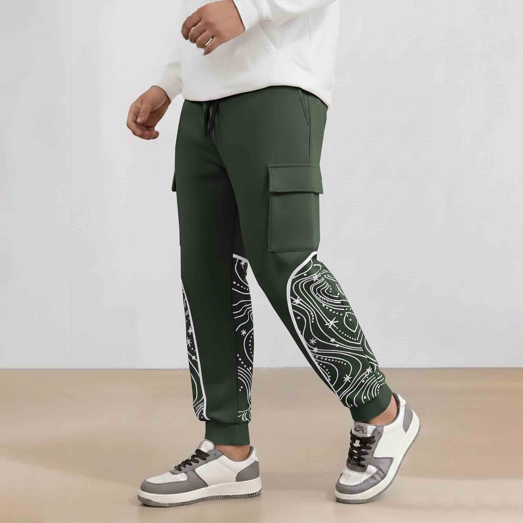 Designer Cargo Olivegreen Jogger with Side Print Panel