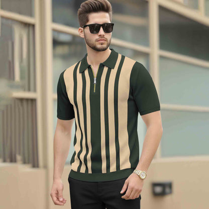 Men Quarter Zip Polo Neck Vertical Striped Half Sleeve T-shirt Olivegreen