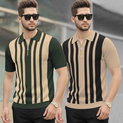 (Pack Of 2) Quarter Zip Polo Neck Printed Tshirts - 12 Variants