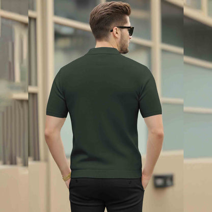 Men Quarter Zip Polo Neck Vertical Striped Half Sleeve T-shirt Olivegreen