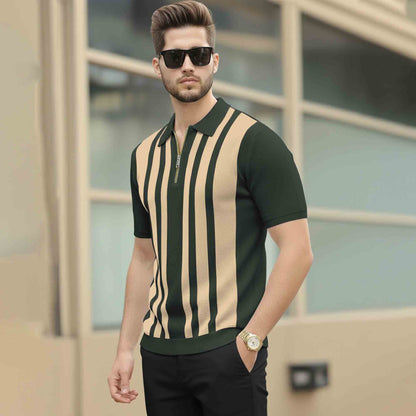 Men Quarter Zip Polo Neck Vertical Striped Half Sleeve T-shirt Olivegreen
