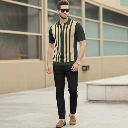 Men Quarter Zip Polo Neck Vertical Striped Half Sleeve T-shirt Olivegreen