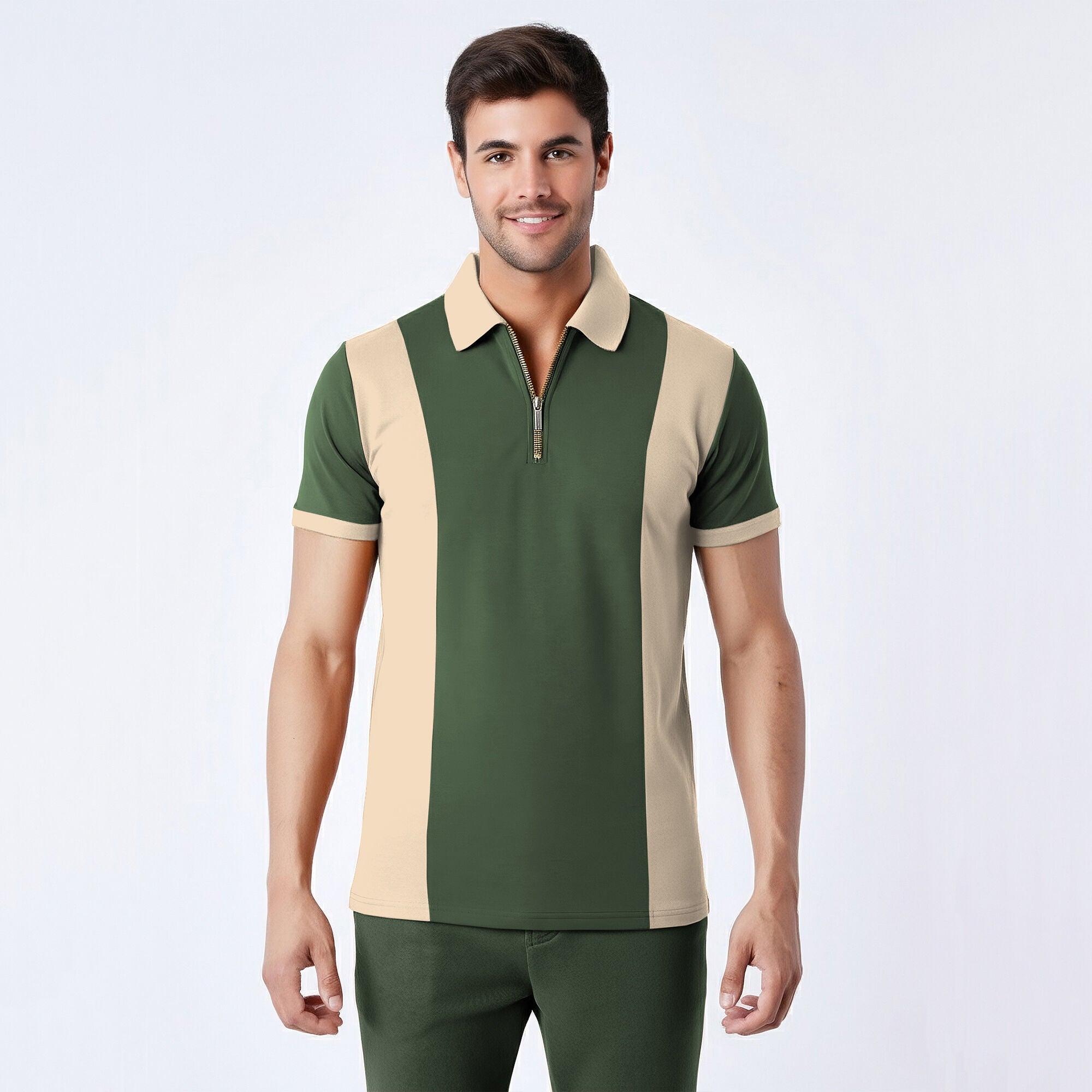 Men's Dual Tone Polo T-Shirt with Zip Collar Olivegreen – TRIPR