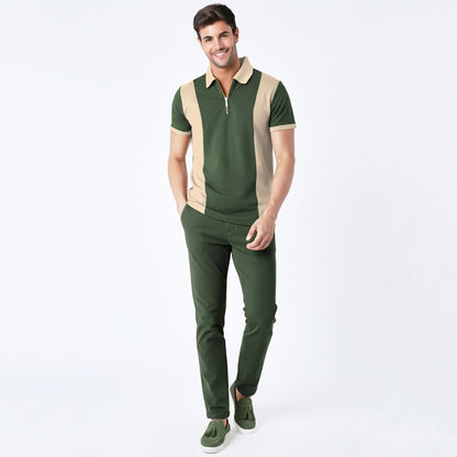 Men’s Dual Tone Polo T-Shirt with Zip Collar Olivegreen
