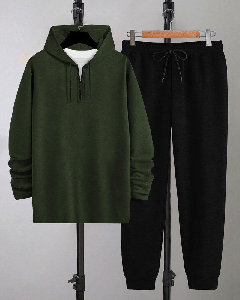 TrackSuit For Olive Green Hooded T-shirt Black Track Pant