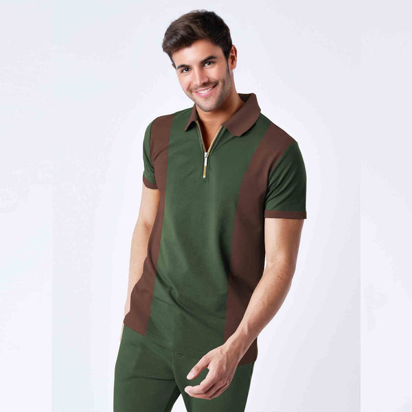 Men’s Dual Tone Olive Brown Polo TShirt with Zip Collar