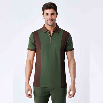 Men’s Dual Tone Polo T-Shirt with Zip Collar Olivegreen