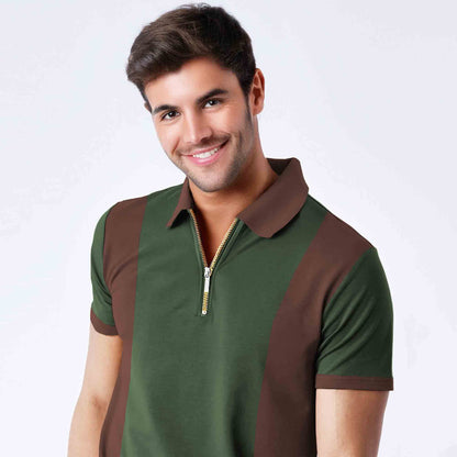 Men’s Dual Tone Polo T-Shirt with Zip Collar Olivegreen