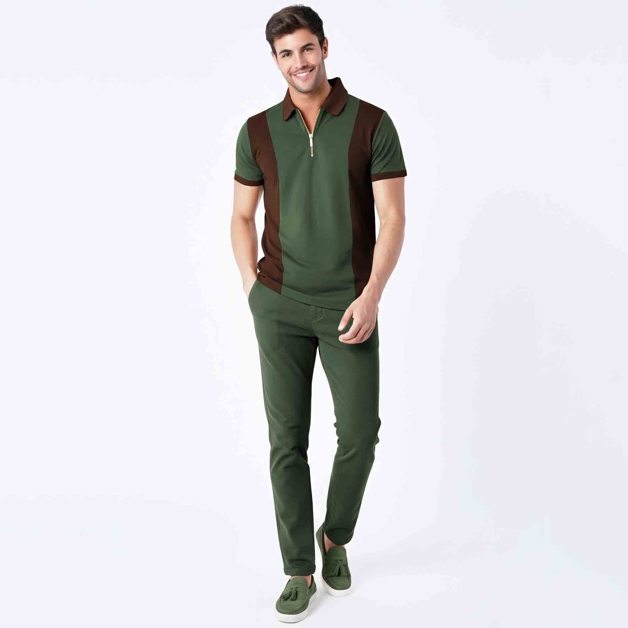 Men’s Dual Tone Polo T-Shirt with Zip Collar Olivegreen