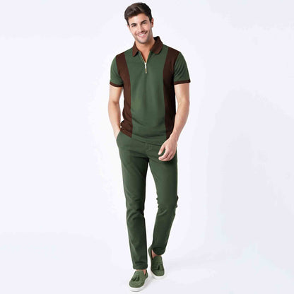 Men’s Dual Tone Polo T-Shirt with Zip Collar Olivegreen