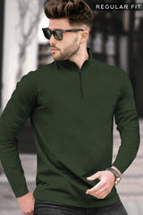 Men High Neck Zipper Full Sleeve T-Shirt / Olive Green