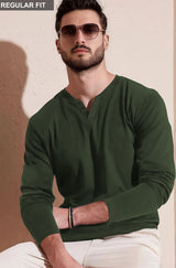 Men Solid V Neck Cotton Blend T-Shirt / Olive Green