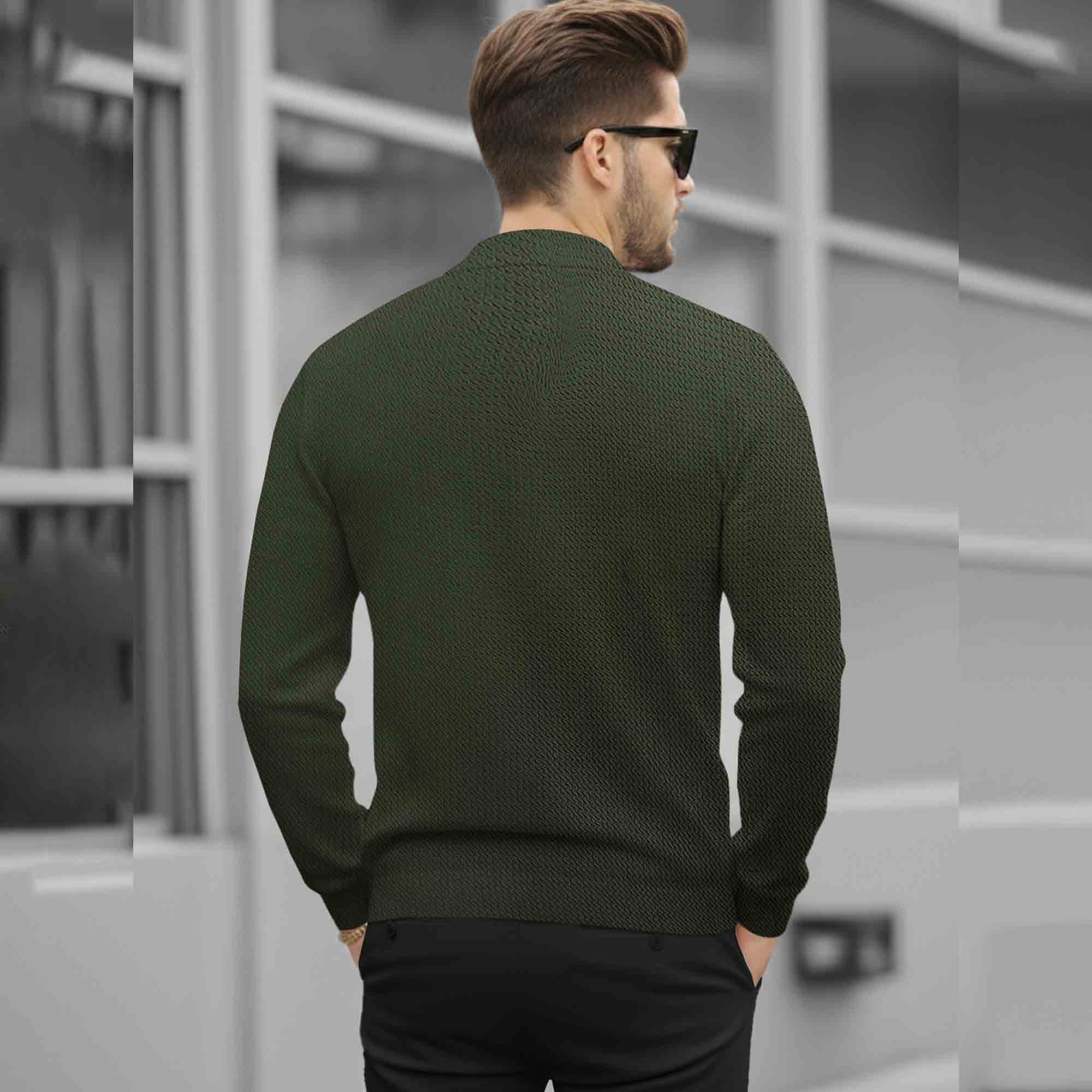 Men Quarter Zip Polo Neck Vertical Striped Full Sleeve T-shirt Olivegreen