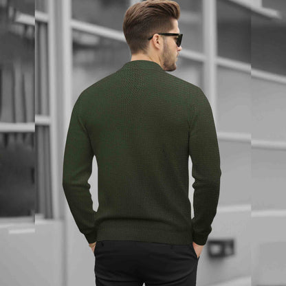 Men Quarter Zip Polo Neck Vertical Striped Full Sleeve T-shirt Olivegreen