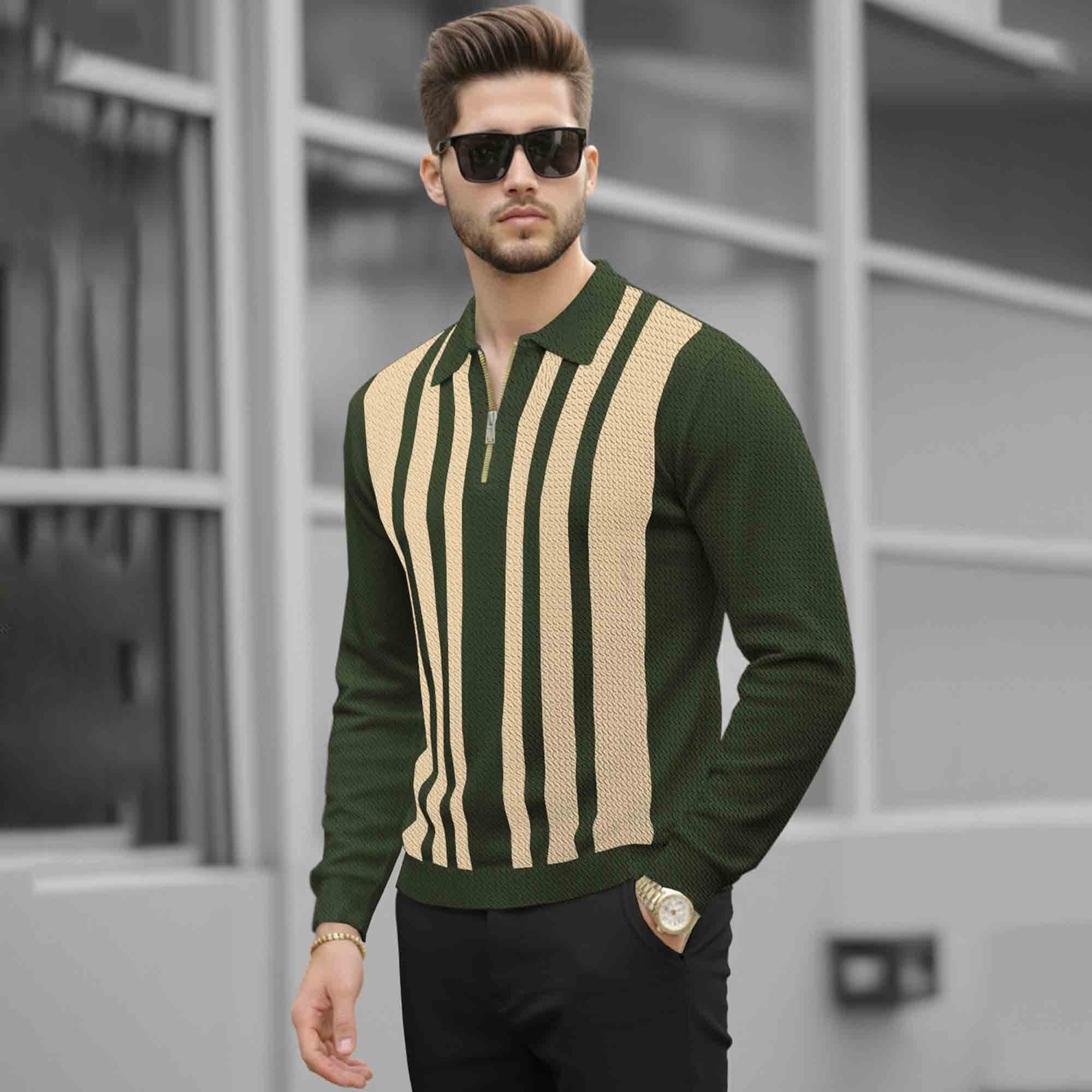 Men Quarter Zip Polo Neck Vertical Striped Full Sleeve T-shirt Olivegreen