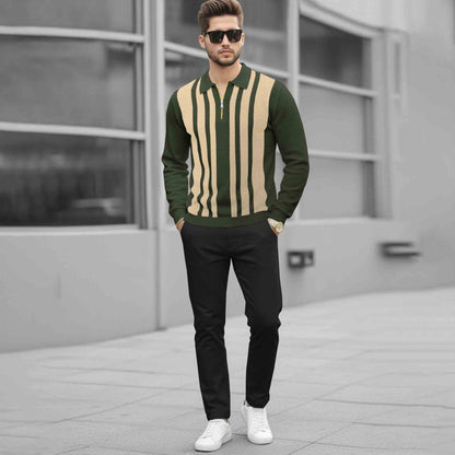 Men Quarter Zip Polo Neck Vertical Striped Full Sleeve T-shirt Olivegreen
