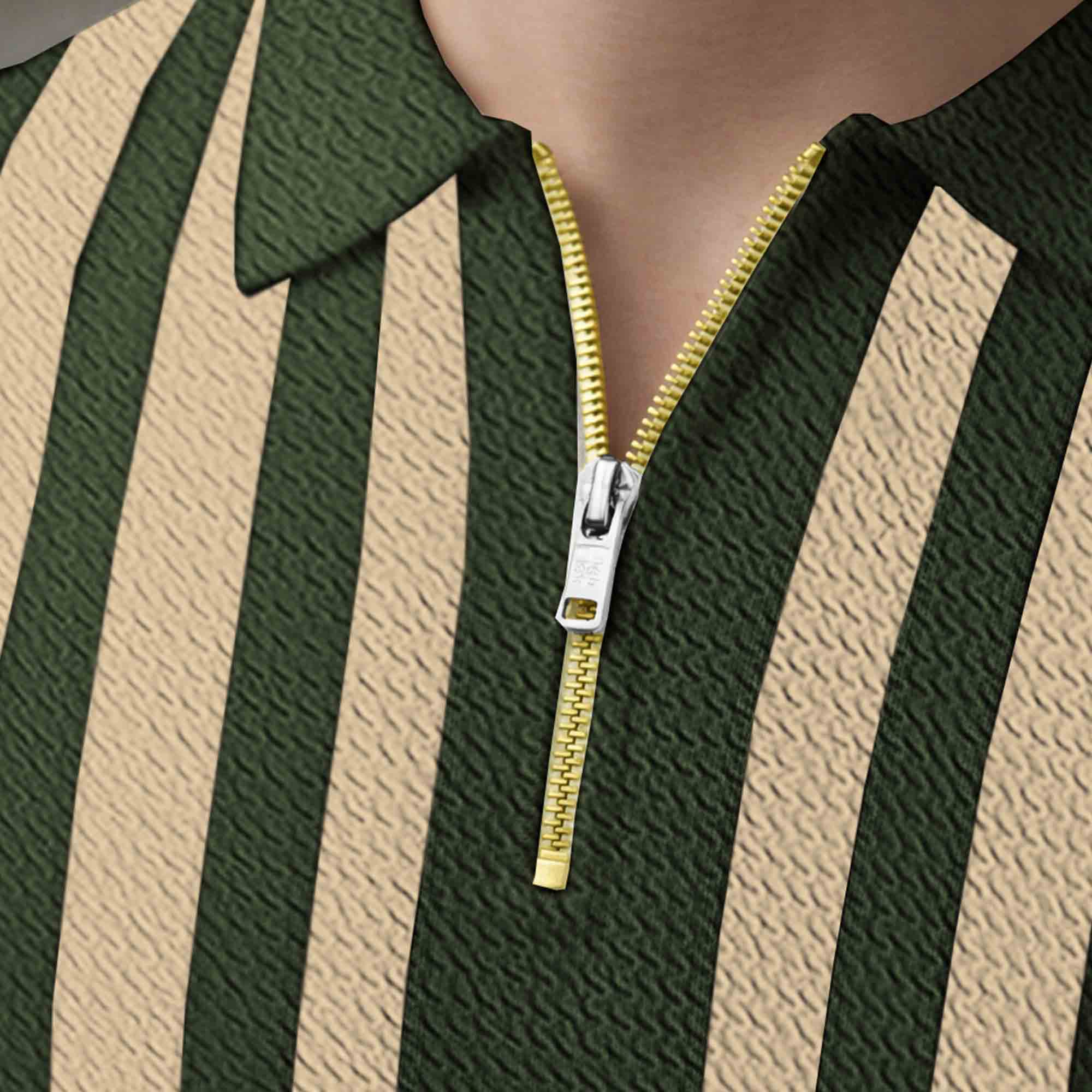 Men Quarter Zip Polo Neck Vertical Striped Full Sleeve T-shirt Olivegreen