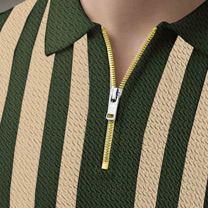 Men Quarter Zip Polo Neck Vertical Striped Full Sleeve T-shirt Olivegreen