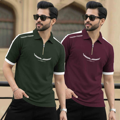 (Pack Of 2) Quarter Zip Polo Neck Printed Tshirts - 12 Variants