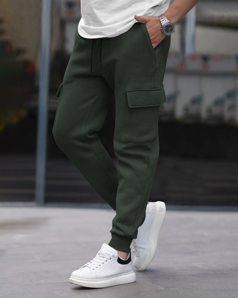 Mens Multi Pockets Plain Cargo Jogger / Olive Green