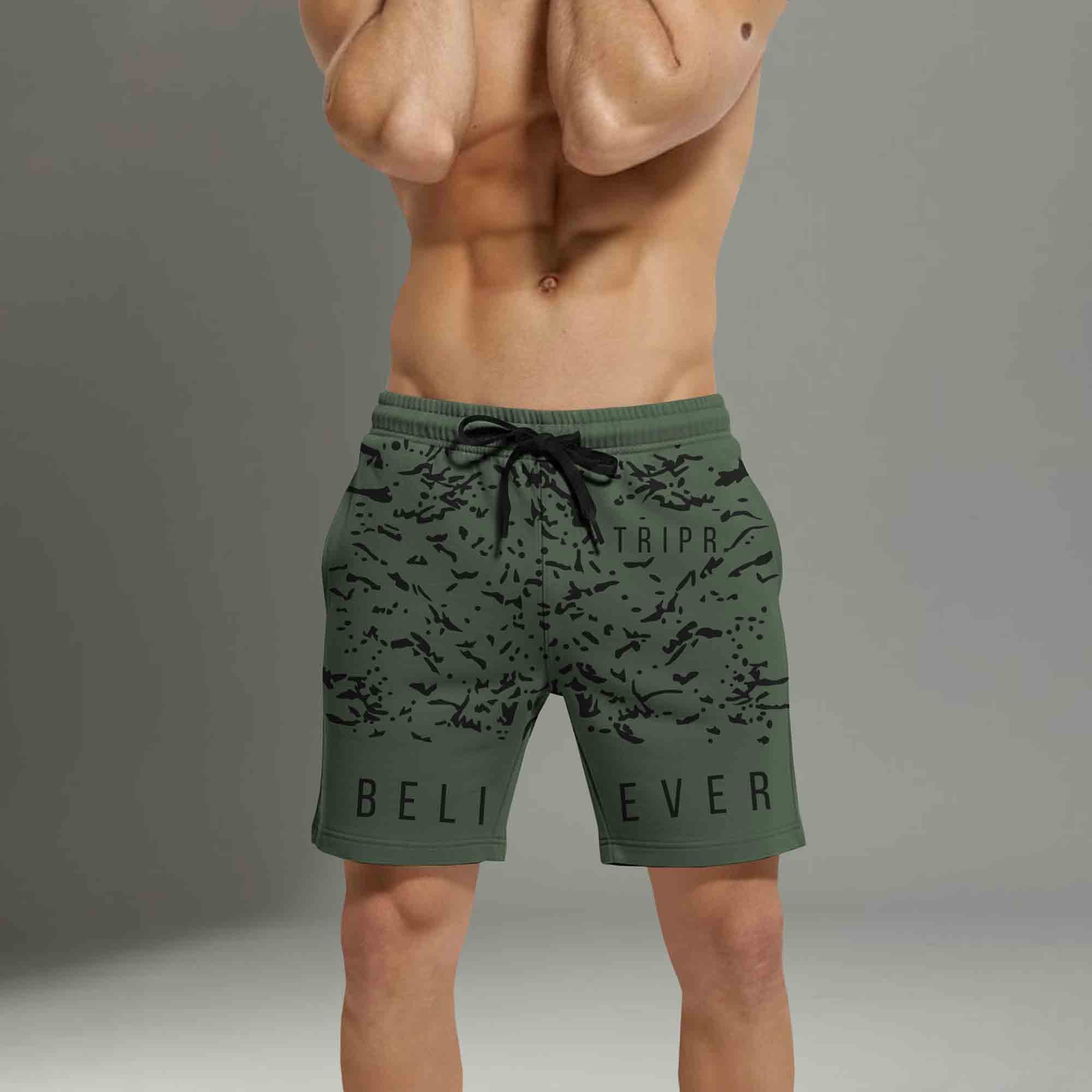 Men Olive Green Printed Regular Shorts
