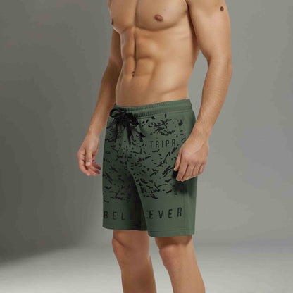 Men Olive Green Printed Regular Shorts