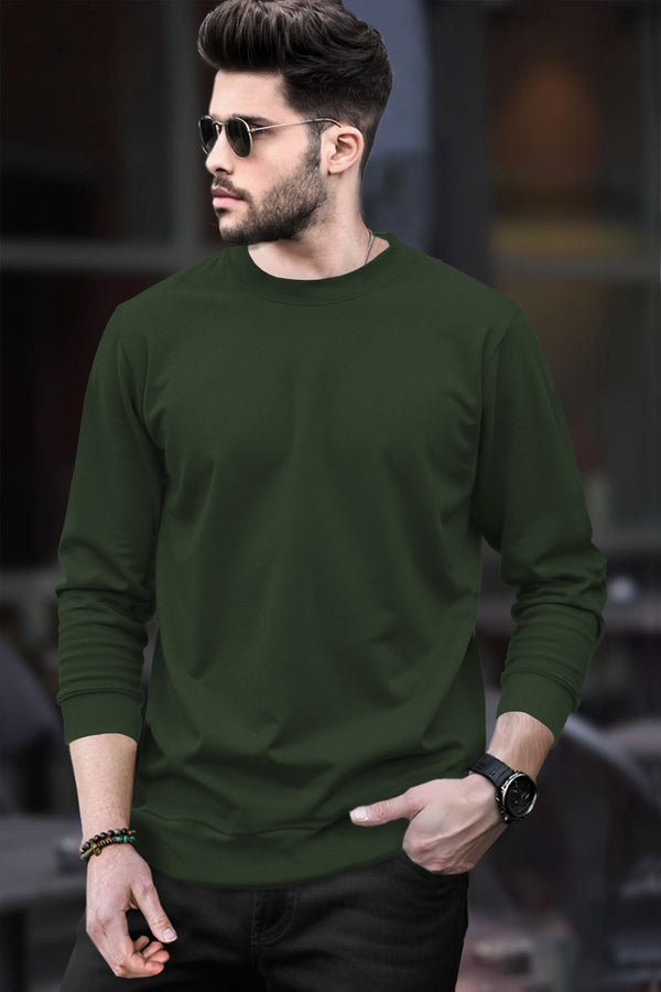 Mens Full Sleeve Round Neck T-shirt Plain / Olive Green