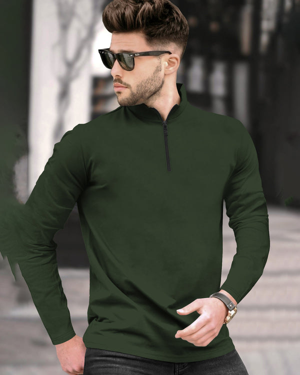 Men High Neck Zipper Full Sleeve T-Shirt / Olive Green