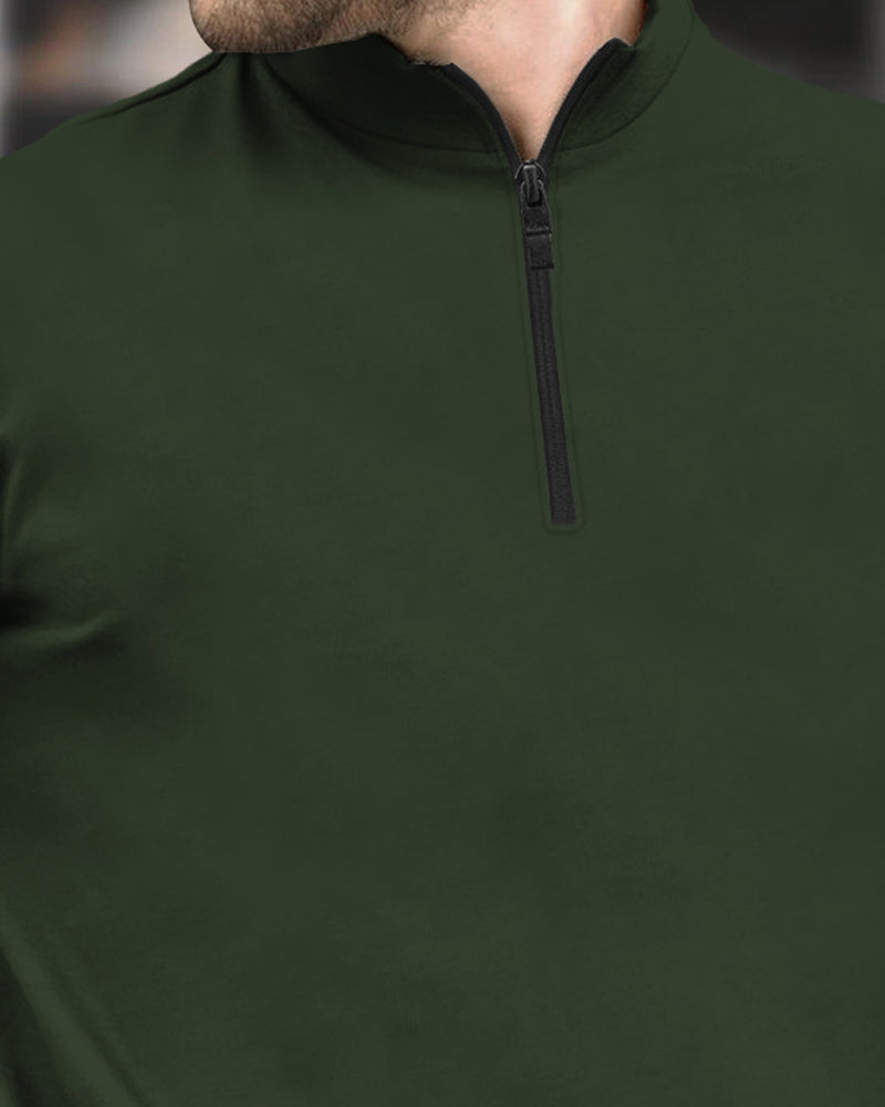 Men High Neck Zipper Full Sleeve T-Shirt / Olive Green