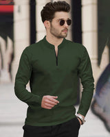 Men Full Sleeve Solid Zip Neck T-Shirt | Olive Green