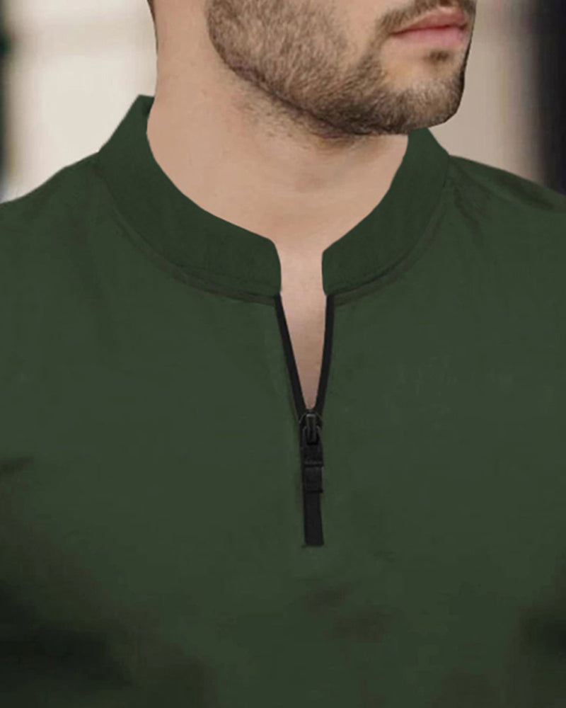 Men Full Sleeve Solid Zip Neck T-Shirt | Olive Green