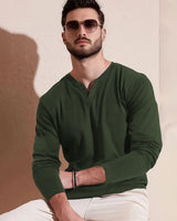 Men Solid V Neck Cotton Blend T-Shirt / Olive Green