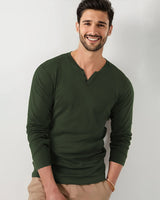 Men Solid V Neck Cotton Blend T-Shirt / Olive Green