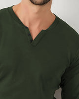 Men Solid V Neck Cotton Blend T-Shirt / Olive Green