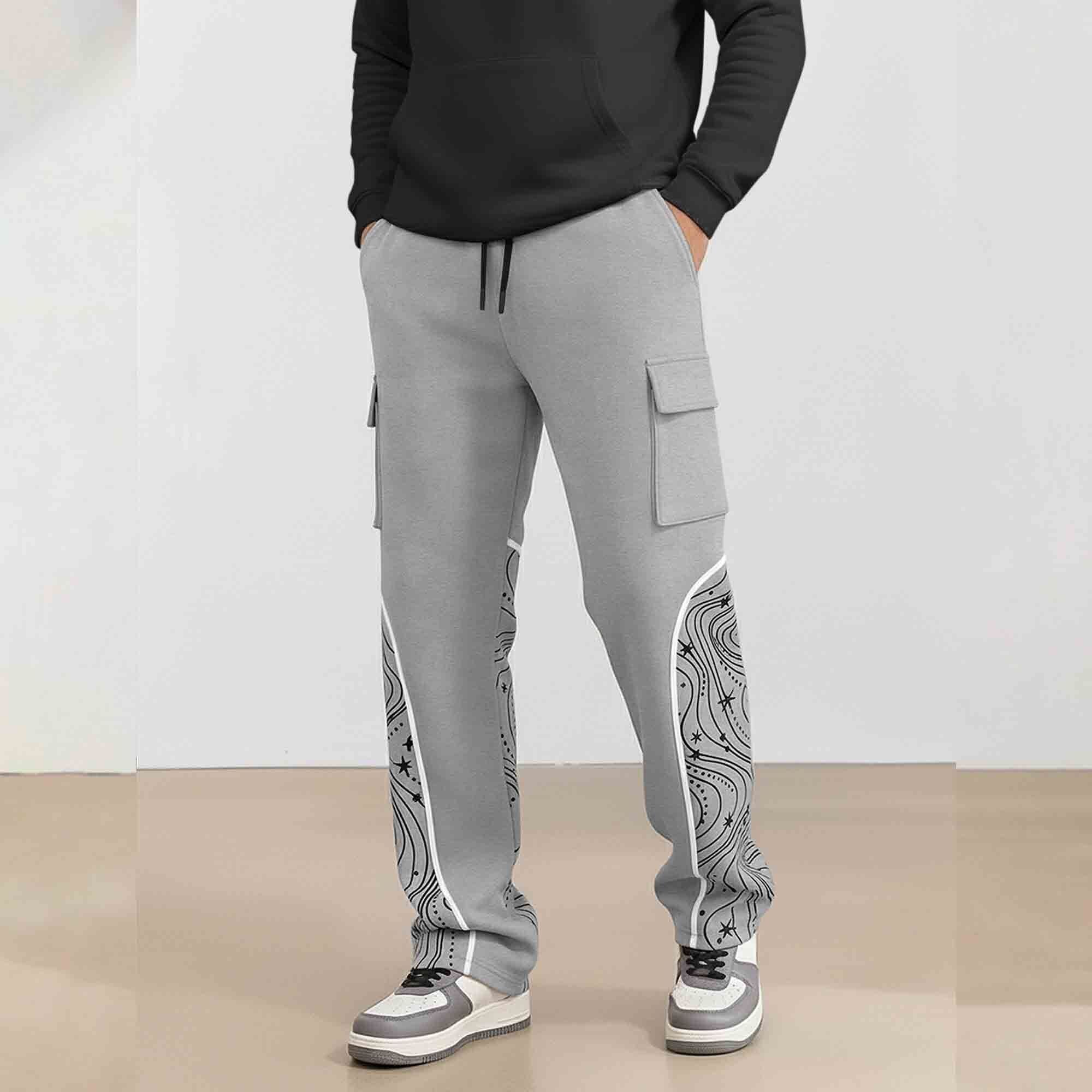 Men Multi Pockets Designing Printed Baggy Cargo Grey