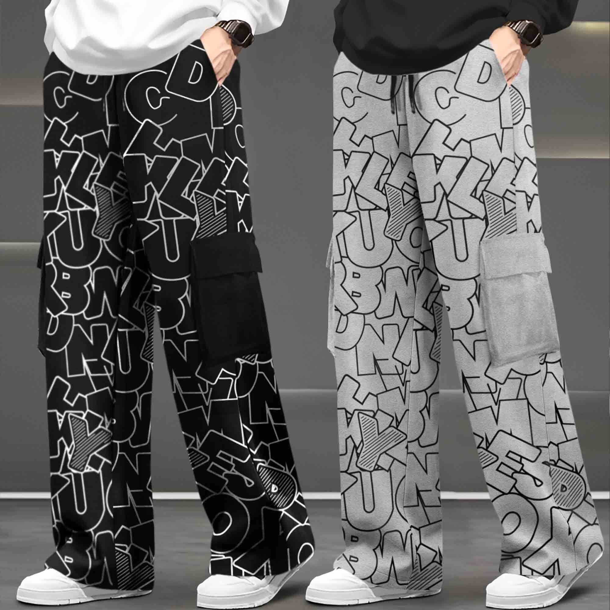 (Pack Of 2) Printed Multi Pocket Baggy Cargo Black & Grey