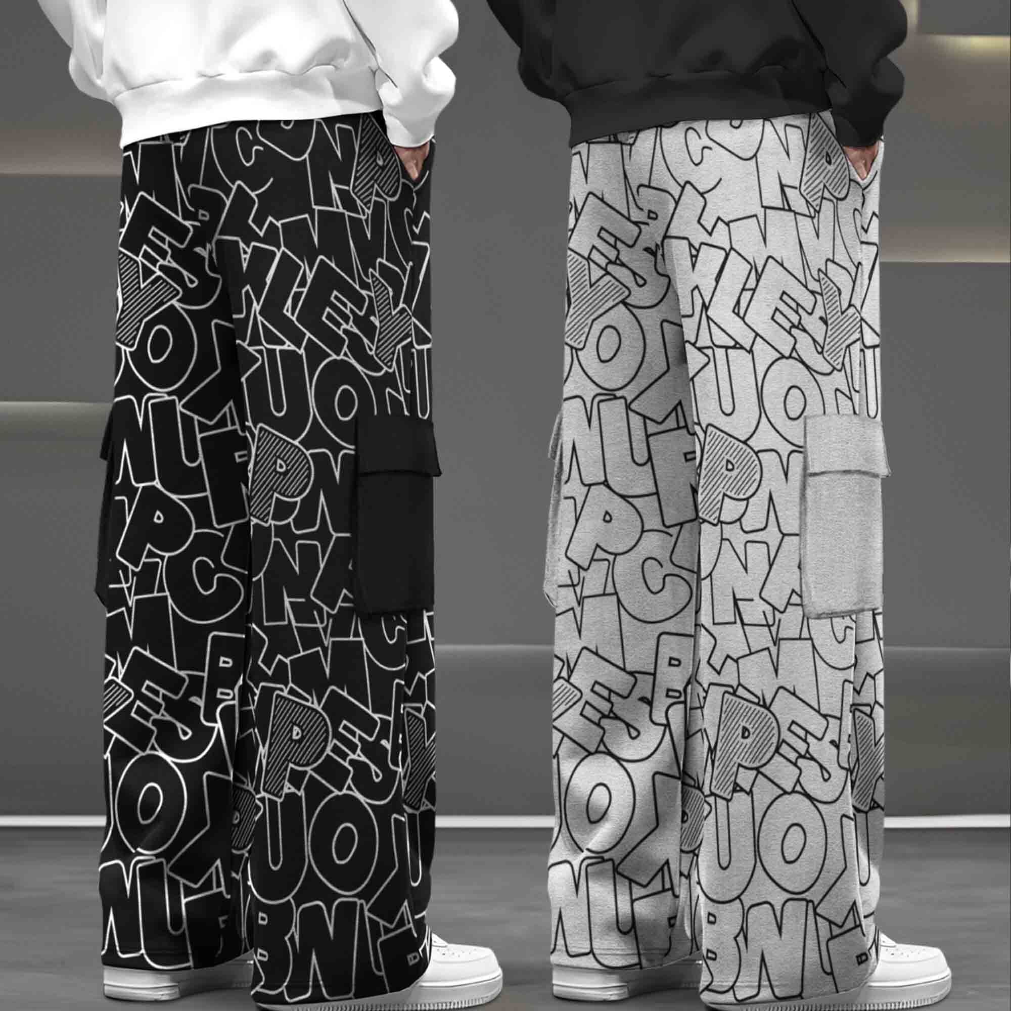 (Pack Of 2) Printed Multi Pocket Baggy Cargo Black & Grey