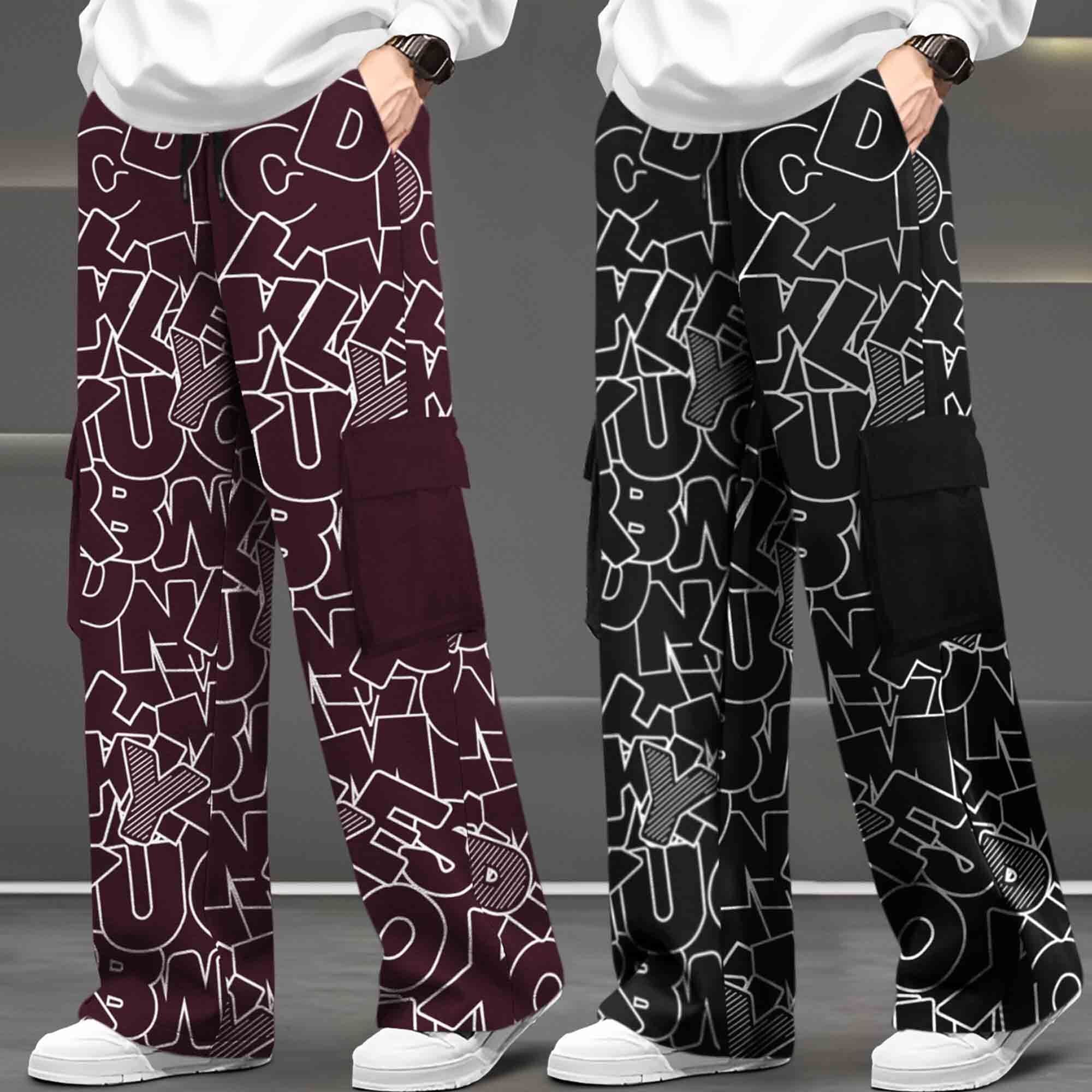 (Pack Of 2) Printed Multi Pocket Baggy Cargo Maroon & Black