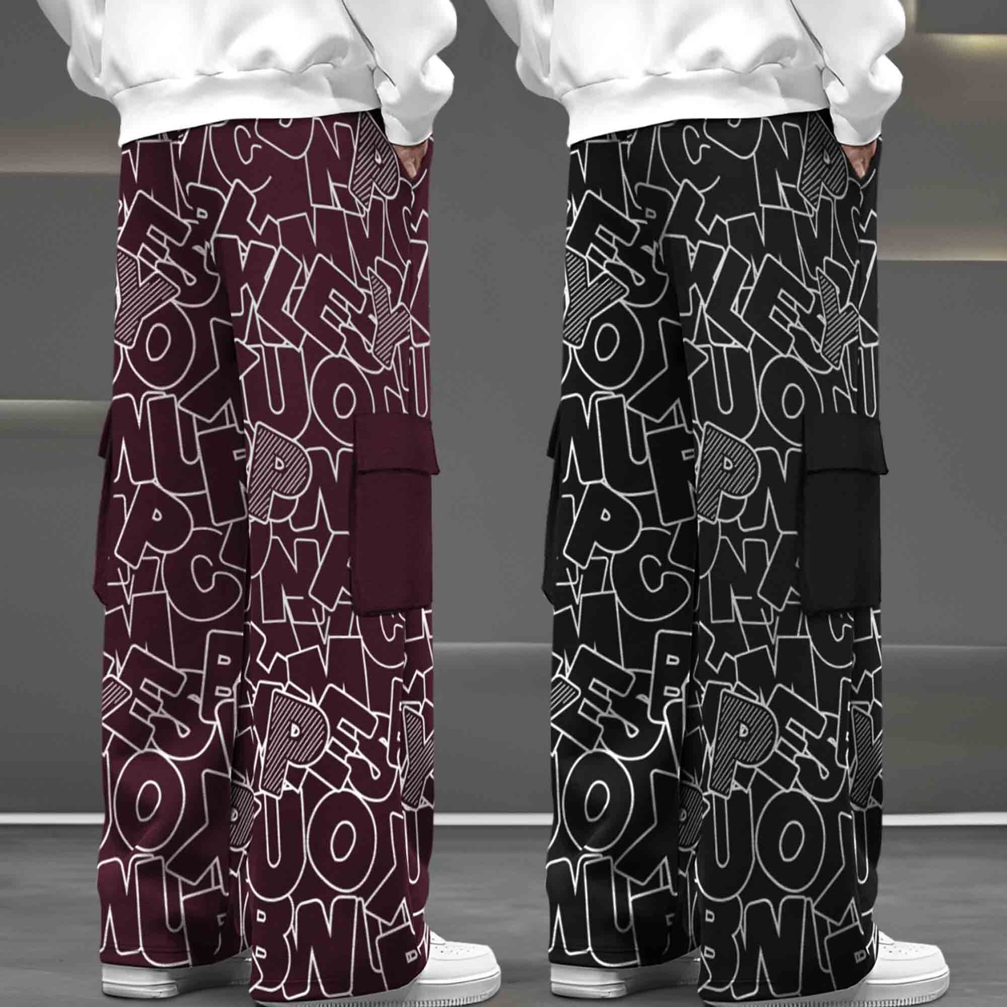 (Pack Of 2) Printed Multi Pocket Baggy Cargo Maroon & Black