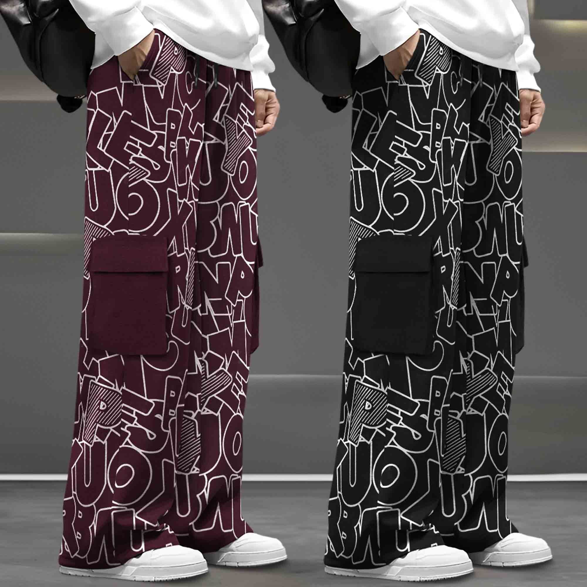 (Pack Of 2) Printed Multi Pocket Baggy Cargo Maroon & Black