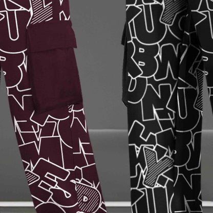 (Pack Of 2) Printed Multi Pocket Baggy Cargo Maroon & Black