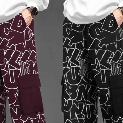 (Pack Of 2) Printed Multi Pocket Baggy Cargo Maroon & Black