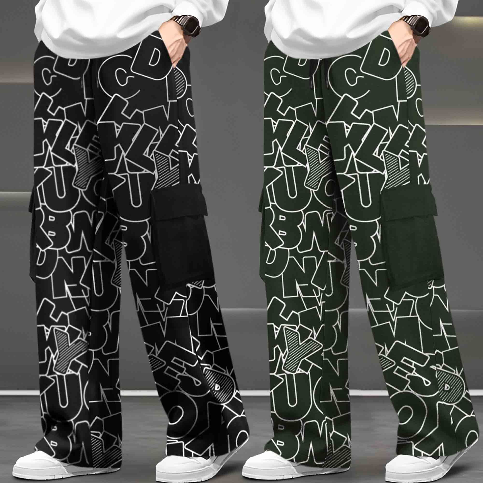 (Pack Of 2) Printed Multi Pocket Baggy Cargo Black & Olive