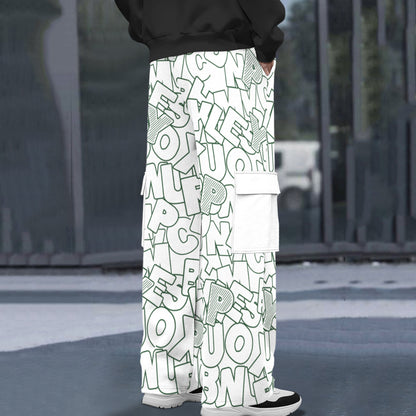 Mens Multi Pockets All Over Printed Baggy fit oversized Cargo Jogger White