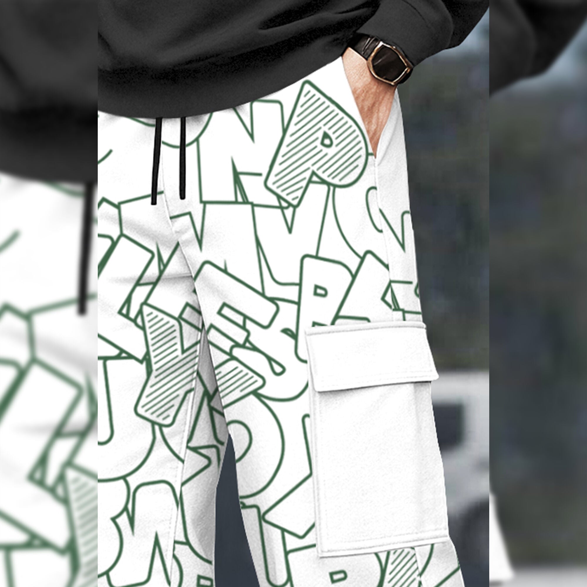 Mens Multi Pockets All Over Printed Baggy fit oversized Cargo Jogger White